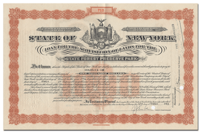 State of New York Bond Certificate for the State Forest Preserve Park