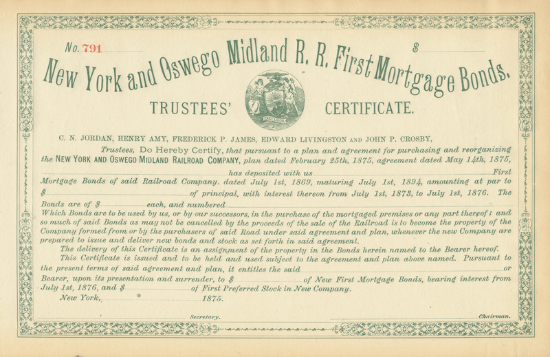 New York and Oswego Midland Railroad Company Bond Certificate