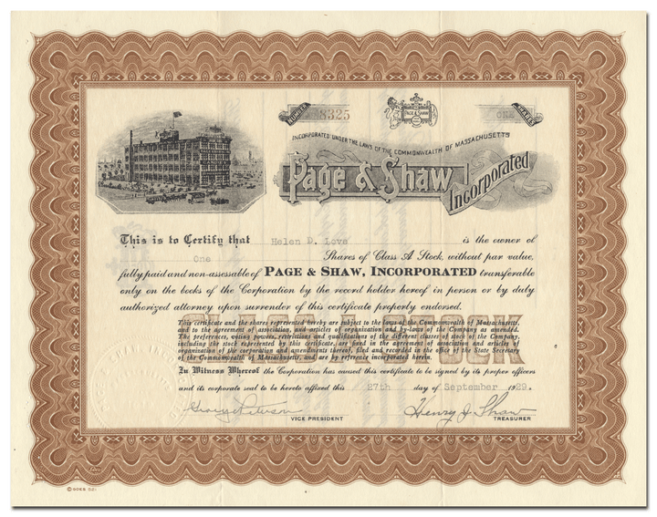 Page & Shaw, Incorporated Stock Certificate