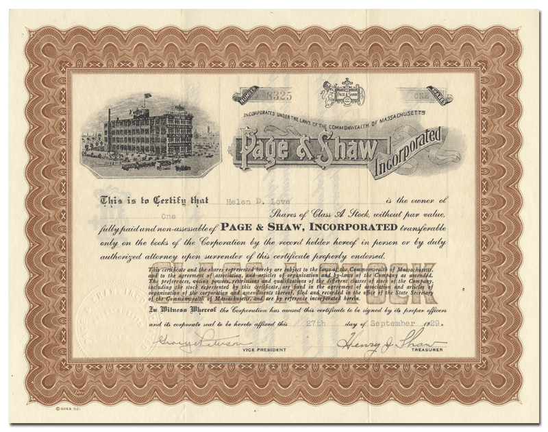 Page & Shaw, Incorporated Stock Certificate