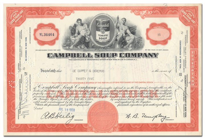 Campbell Soup Company Stock Certificate