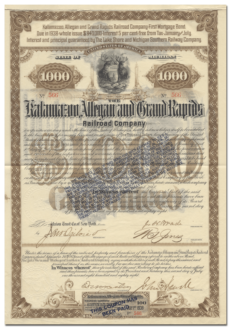 Kalamazoo, Allegan and Grand Rapids Railroad Company Bond Certificate Signed by Jeptha Wade
