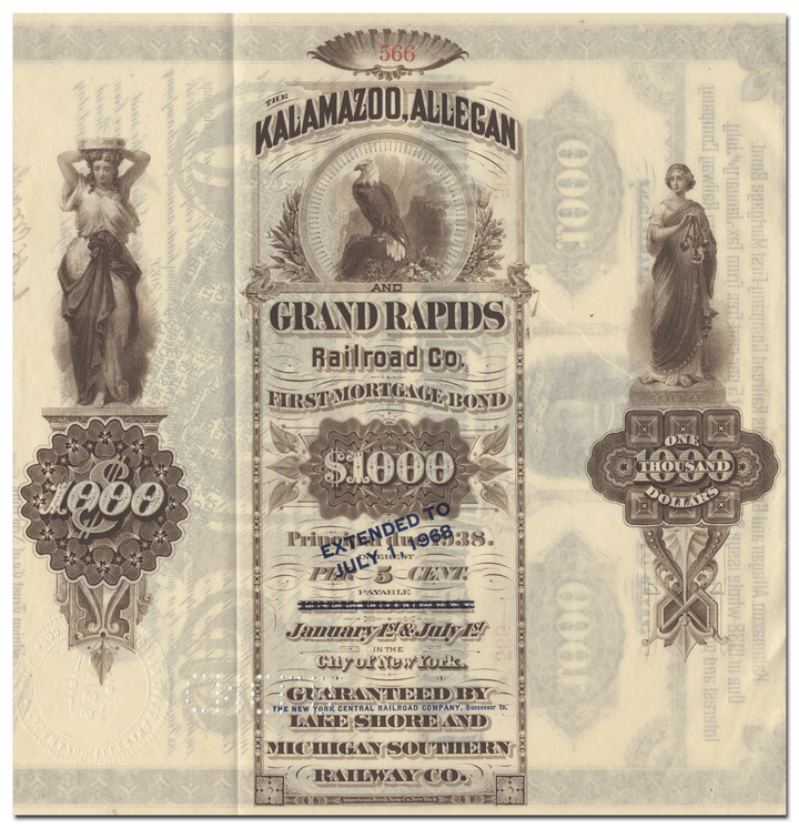 Kalamazoo, Allegan and Grand Rapids Railroad Company Bond Certificate Signed by Jeptha Wade (Back)