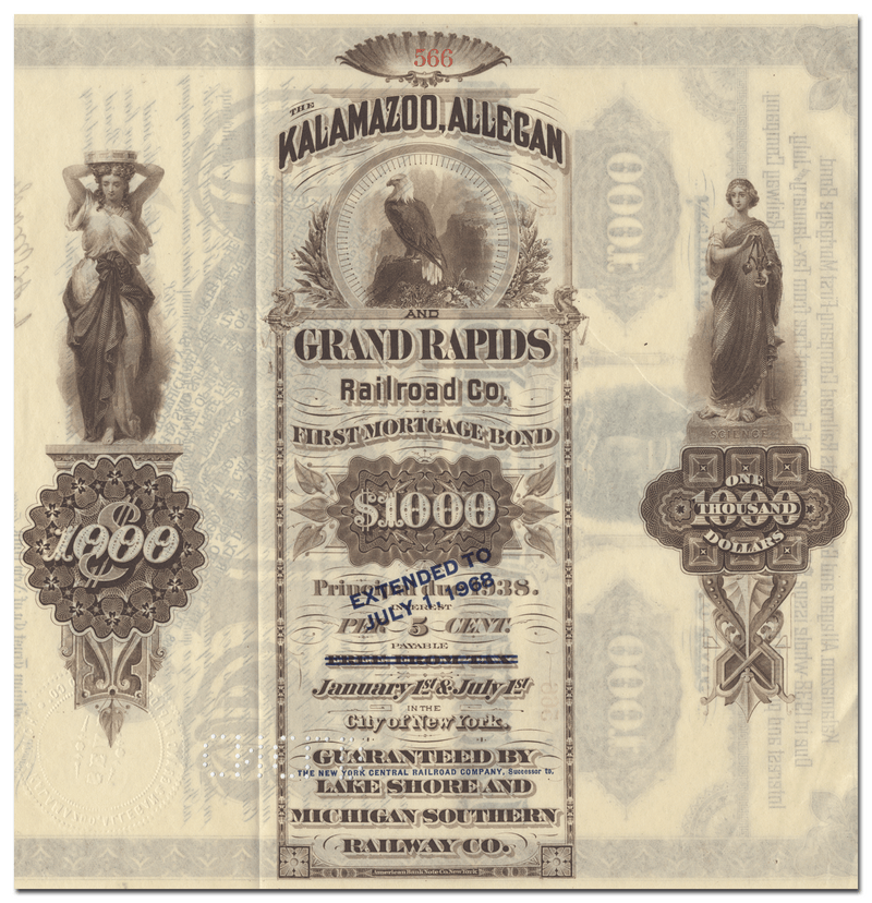 Kalamazoo, Allegan and Grand Rapids Railroad Company Bond Certificate Signed by Jeptha Wade (Back)