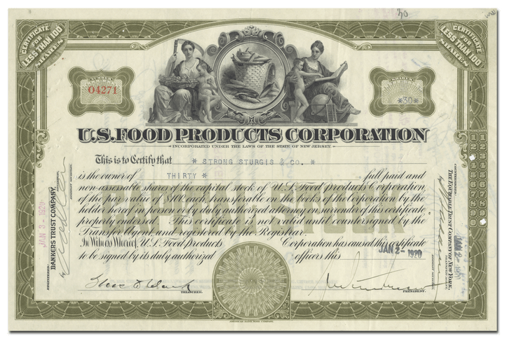 U. S. Food Products Corporation Stock Certificate