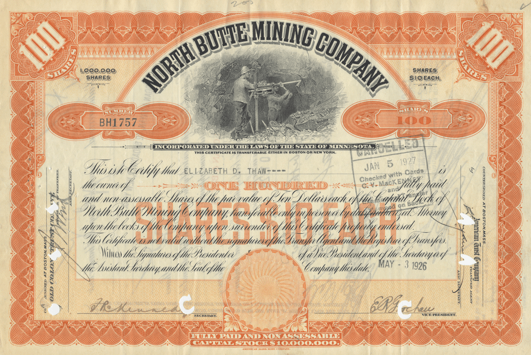 North Butte Mining Company Stock Certificate