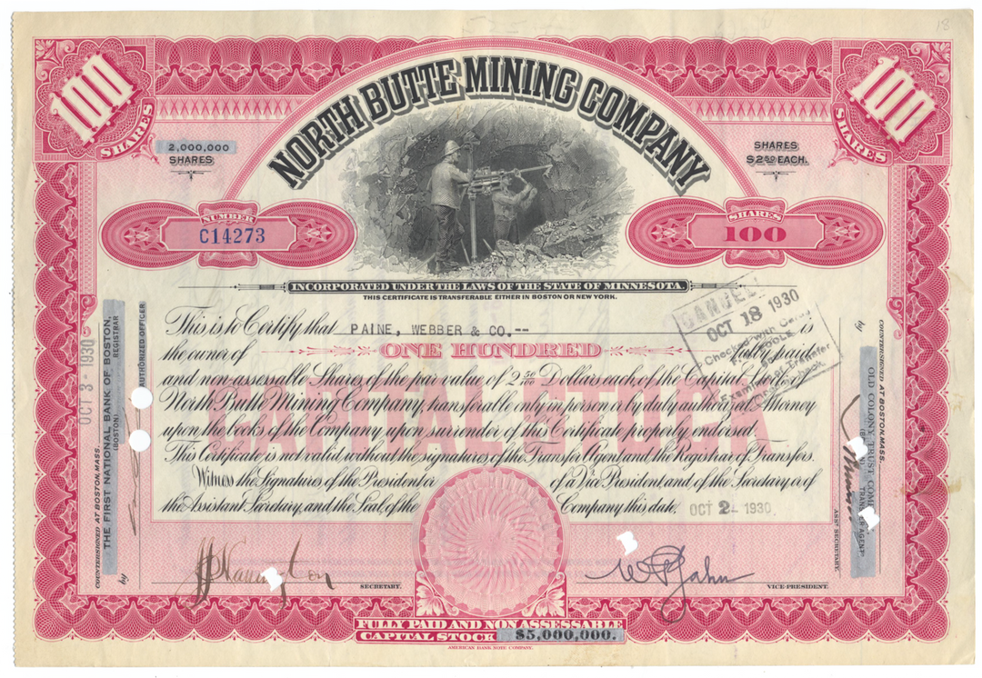 North Butte Mining Company Stock Certificate