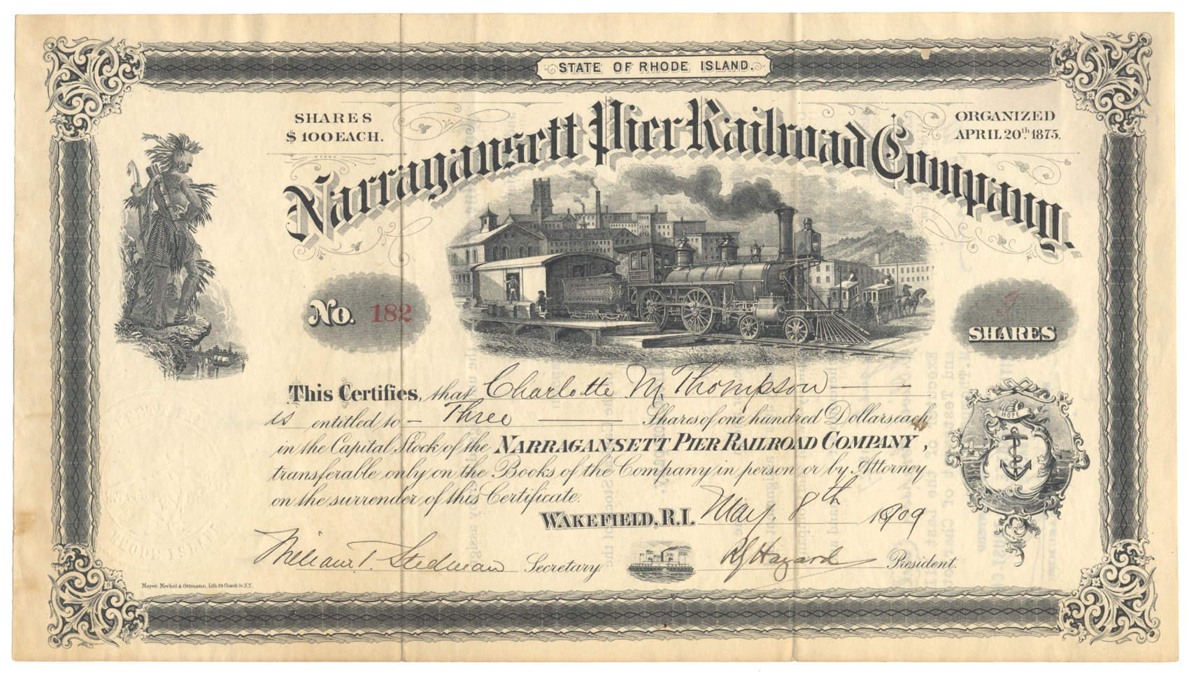 Narragansett Pier Railroad Company Stock Certificate