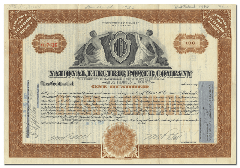 National Electric Power Company Stock Certificate