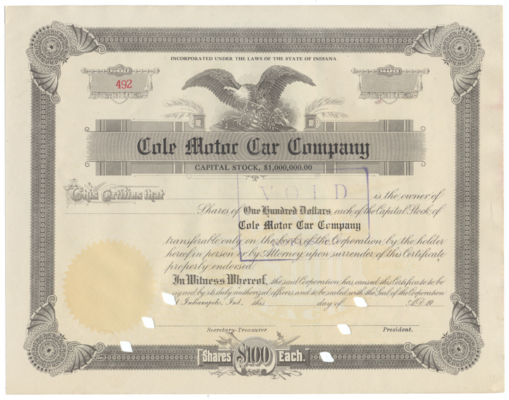 Cole Motor Car Company Stock Certiifcate