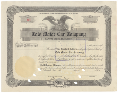 Cole Motor Car Company Stock Certiifcate