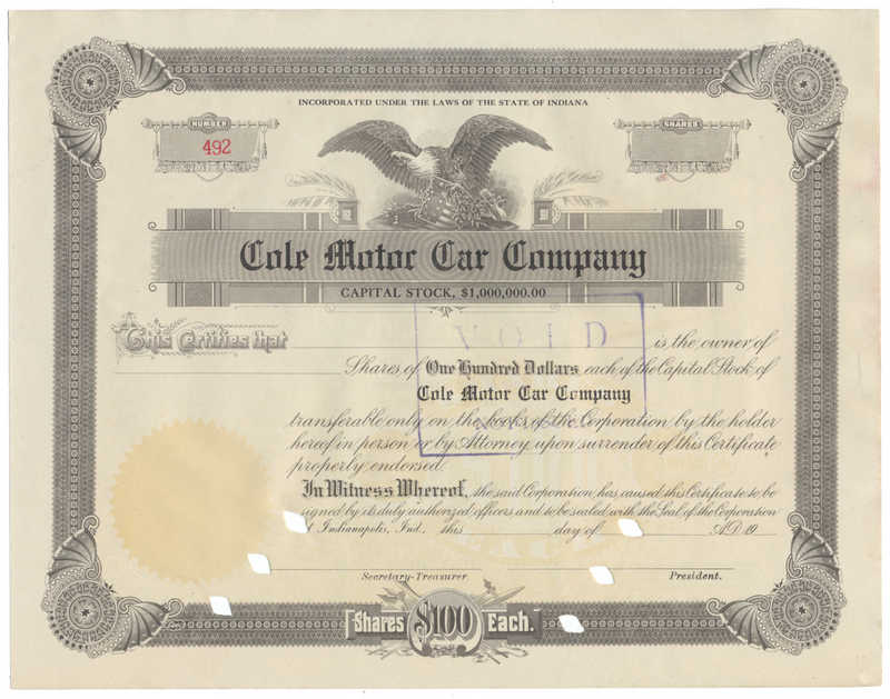 Cole Motor Car Company Stock Certiifcate