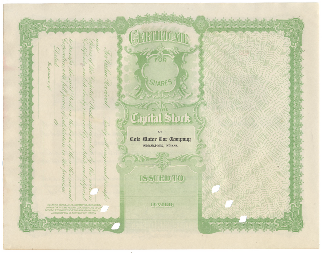 Cole Motor Car Company Stock Certiifcate