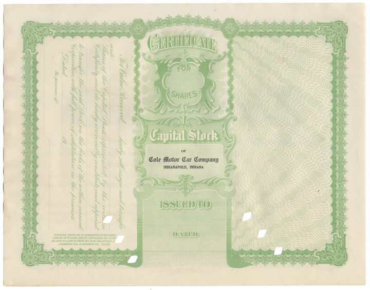 Cole Motor Car Company Stock Certiifcate