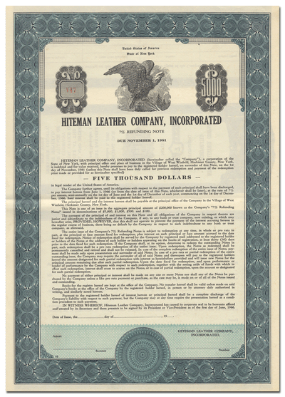 Hiteman Leather Company Bond Certificate