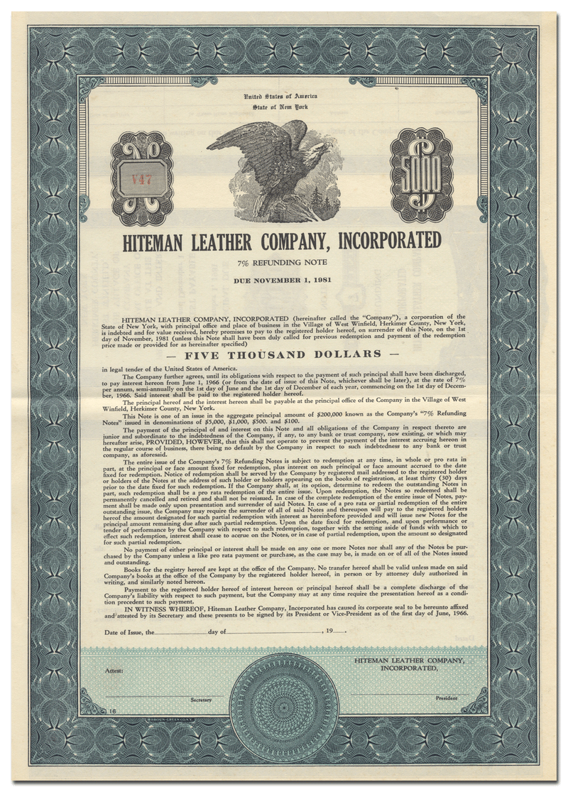 Hiteman Leather Company Bond Certificate