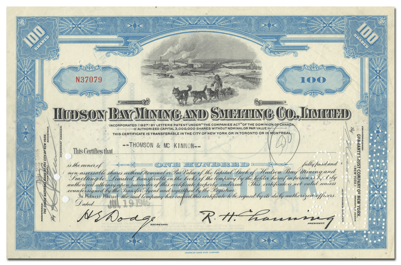 Hudson Bay Mining and Smelting Co., Ltd. Stock Certificate