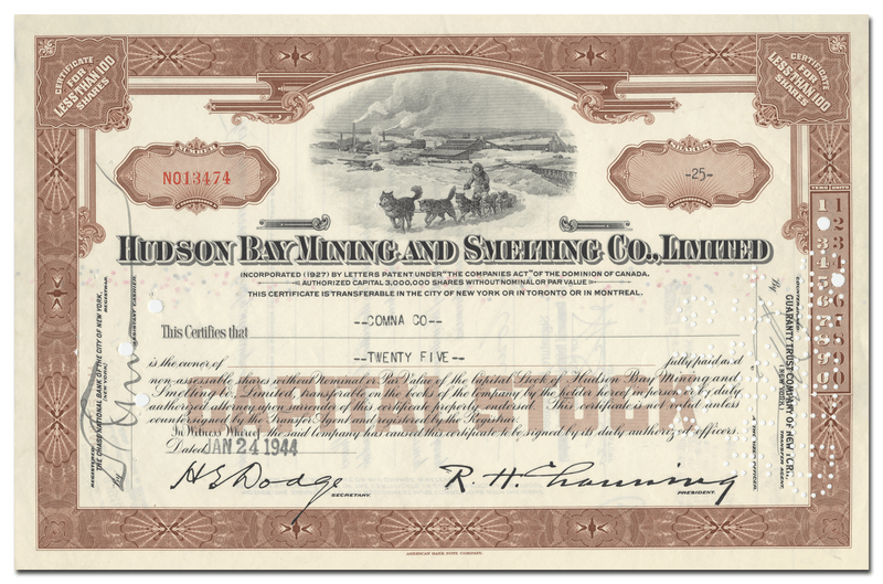 Hudson Bay Mining and Smelting Co., Ltd. Stock Certificate