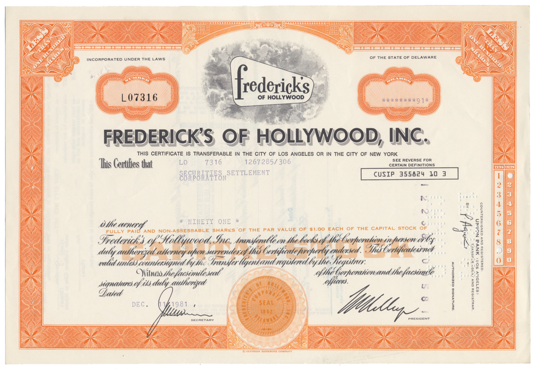 Frederick's of Hollywood, Inc. Stock Certificate