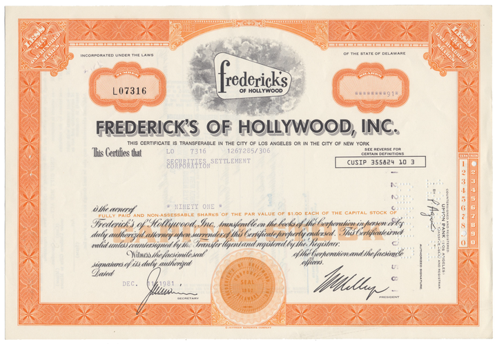 Frederick's of Hollywood, Inc. Stock Certificate