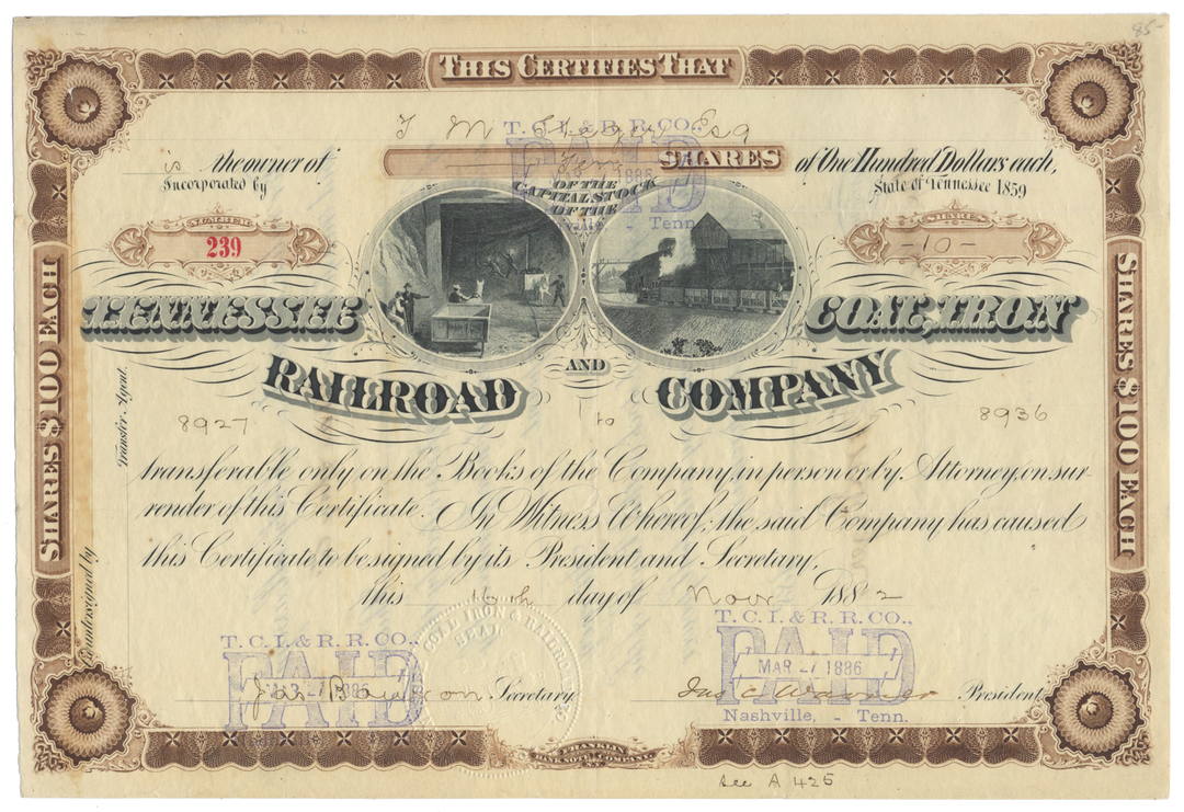 Tennessee Coal, Iron and Railroad Company Stock Certificate