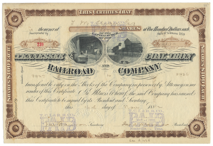 Tennessee Coal, Iron and Railroad Company Stock Certificate