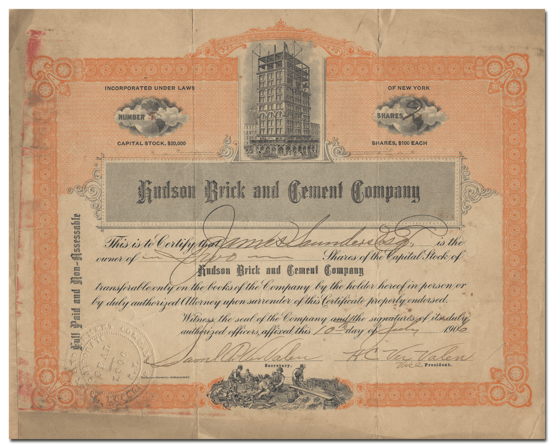 Hudson Brick and Cement Company Stock Certificate