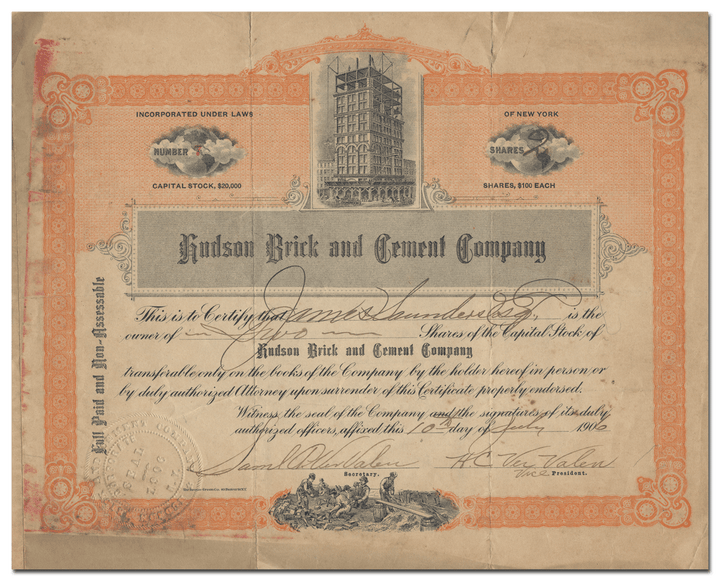 Hudson Brick and Cement Company Stock Certificate