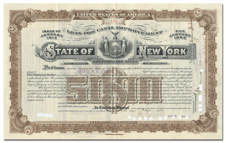 State of New York Canal Improvement Bond Certificate