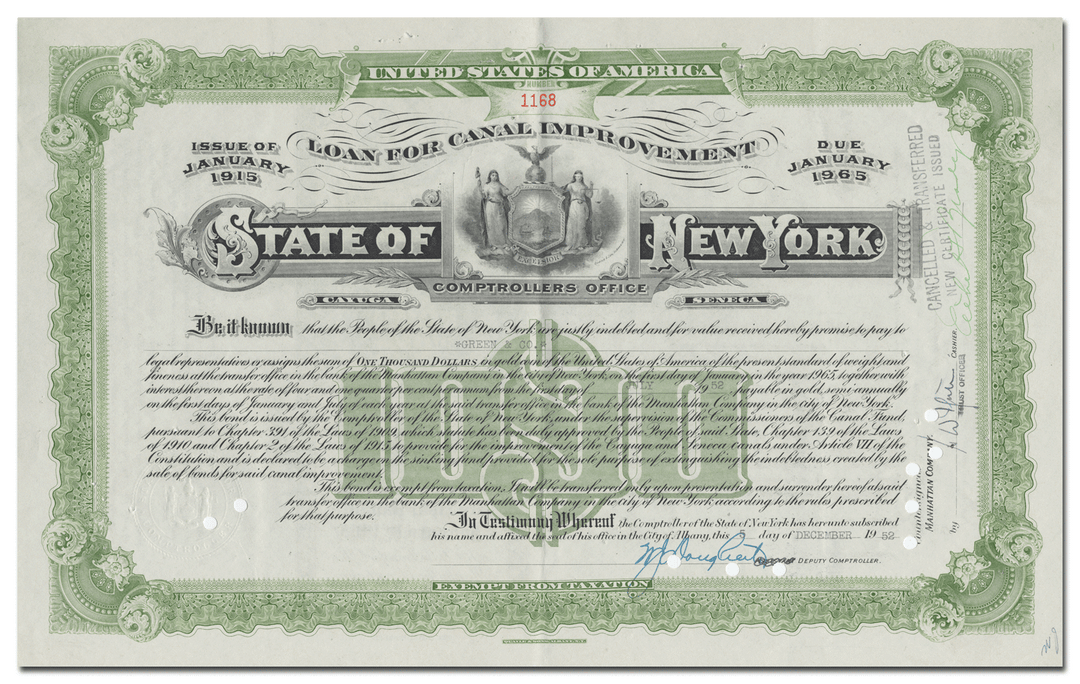 State of New York Canal Improvement Bond Certificate