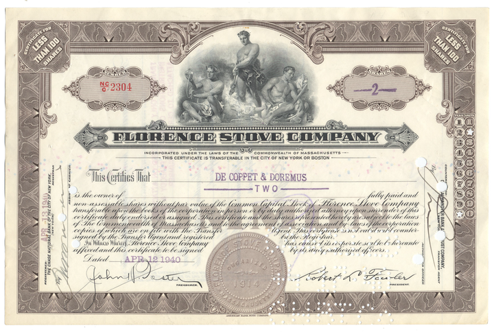 Florence Stove Company Stock Certificate