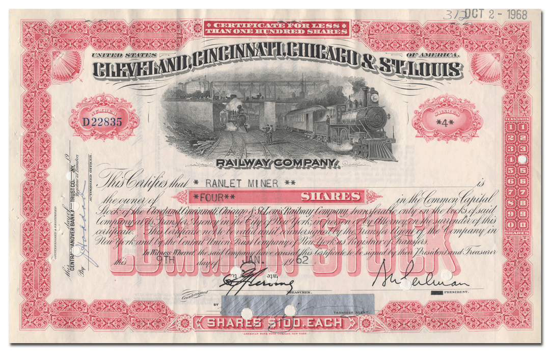 Cleveland, Cincinnati, Chicago & St. Louis Railway Company Stock Certificate