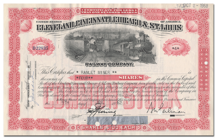 Cleveland, Cincinnati, Chicago & St. Louis Railway Company Stock Certificate