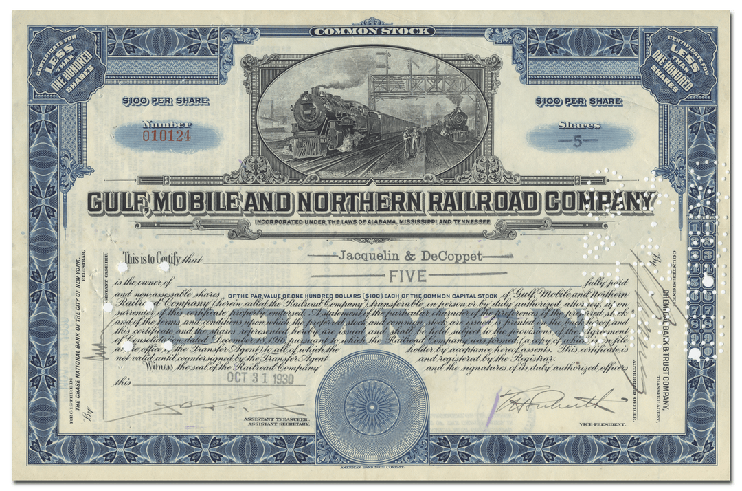 Gulf, Mobile and Northern Railroad Company Stock Certificate