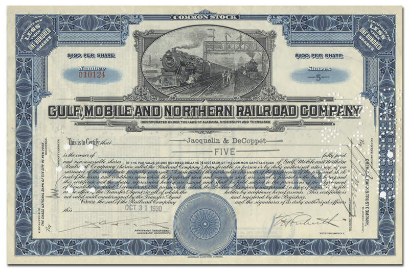 Gulf, Mobile and Northern Railroad Company Stock Certificate