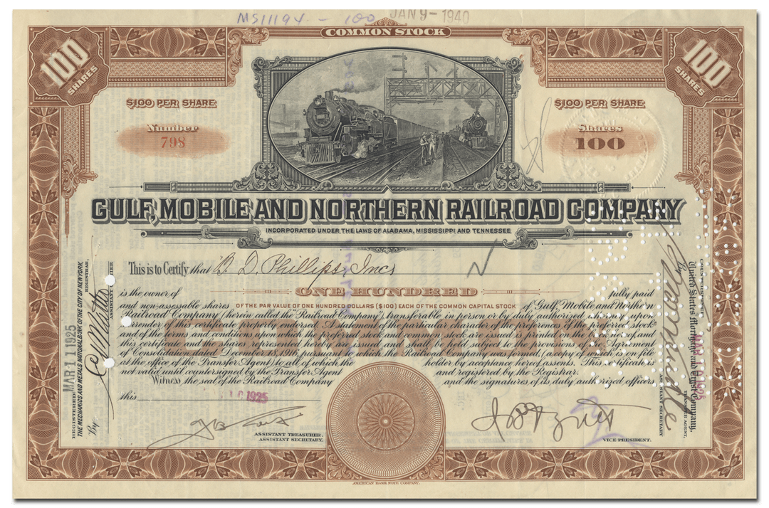 Gulf, Mobile and Northern Railroad Company Stock Certificate