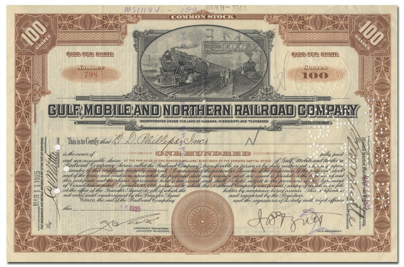 Gulf, Mobile and Northern Railroad Company Stock Certificate