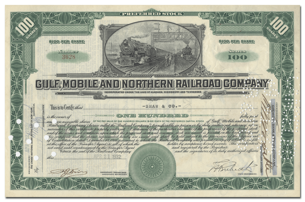 Gulf, Mobile and Northern Railroad Company Stock Certificate