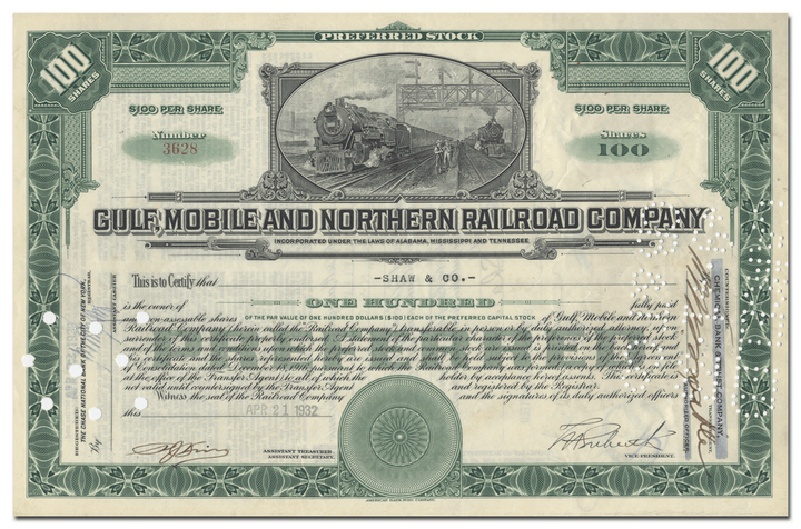 Gulf, Mobile and Northern Railroad Company Stock Certificate