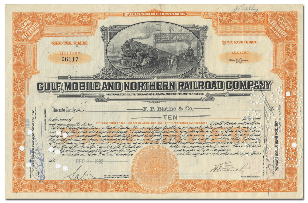 Gulf, Mobile and Northern Railroad Company Stock Certificate