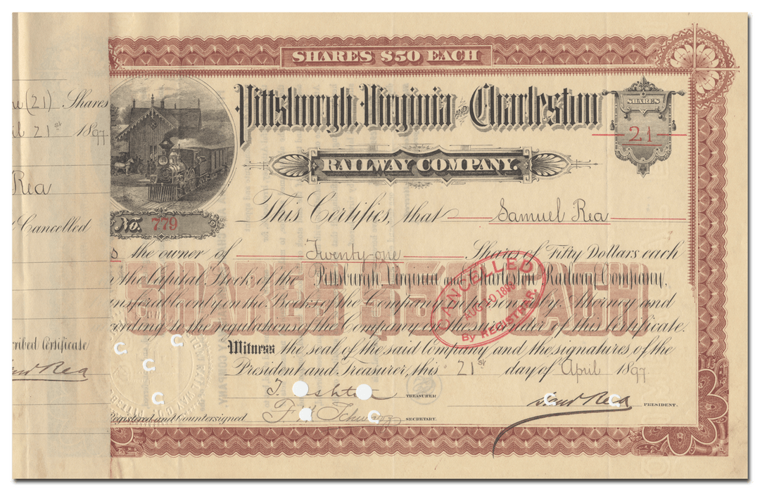 Pittsburgh, Virginia and Charleston Railway Company Stock Certificate