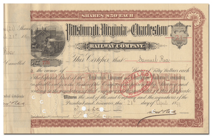 Pittsburgh, Virginia and Charleston Railway Company Stock Certificate