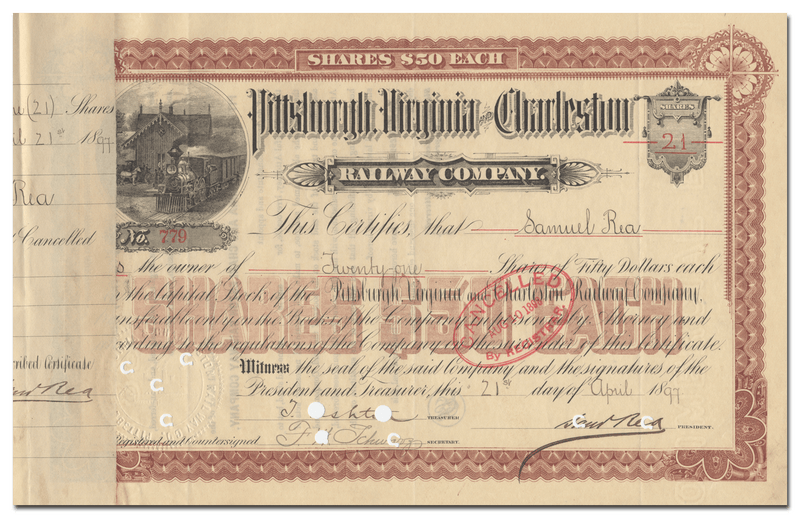 Pittsburgh, Virginia and Charleston Railway Company Stock Certificate