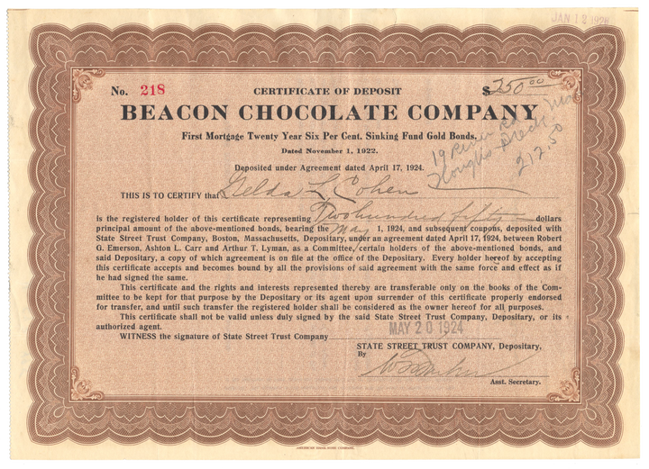 Beacon Chocolate Company Stock Certificate