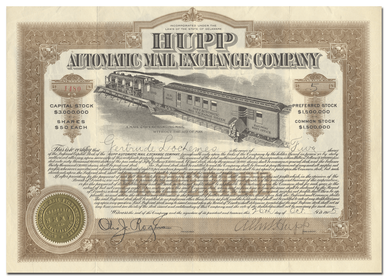 Hupp Automatic Mail Exchange Company Stock Certificate