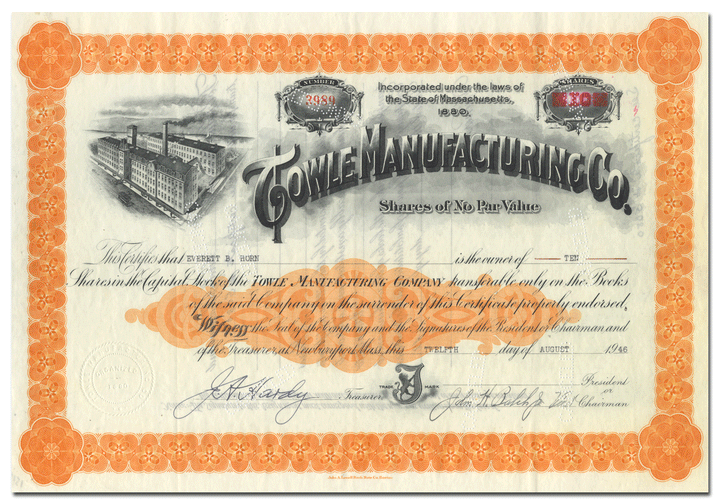 Towle Manufacturing Company Stock Certificate