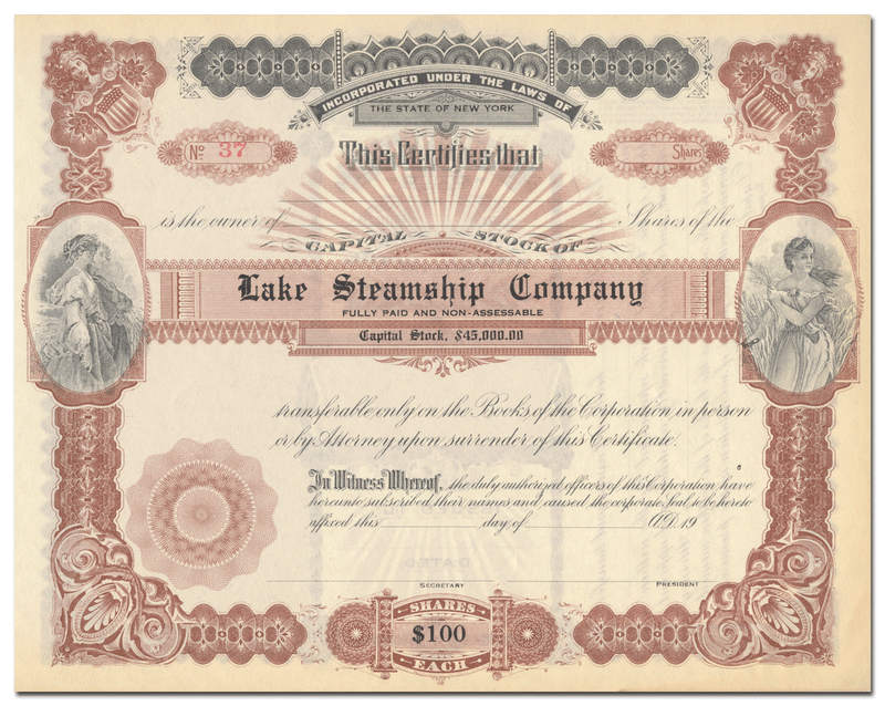 Lake Steamship Company Stock Certificate