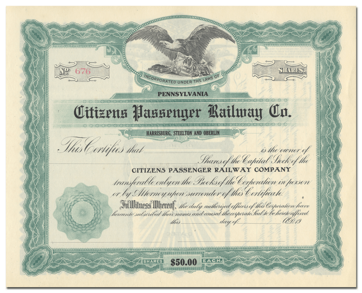 Citizens Passenger Railway Company Stock Certificate