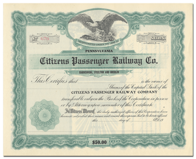 Citizens Passenger Railway Company Stock Certificate