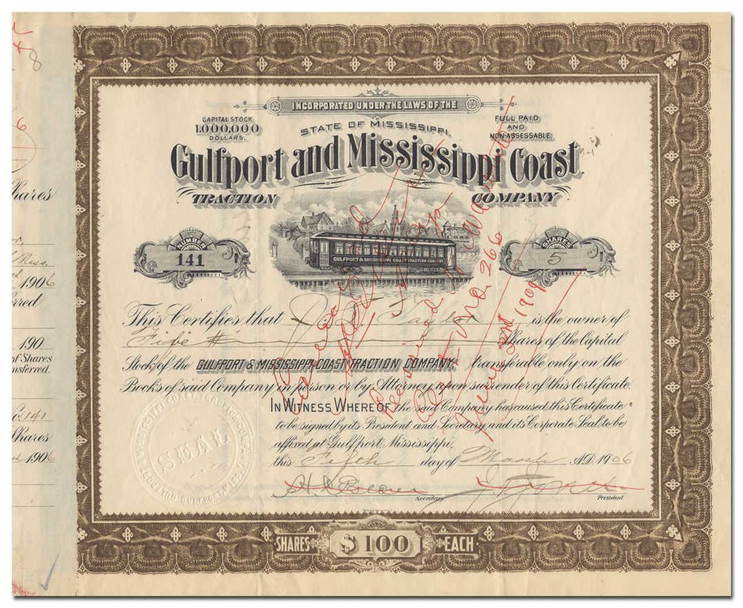 Gulfport and Mississippi Coast Traction Company Stock Certificate